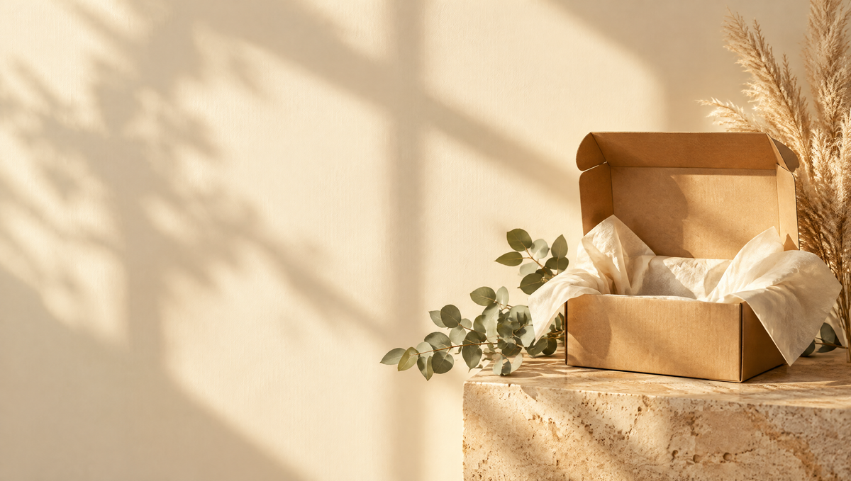 Caja de pedido abierta sobre piedra con luz de tarde